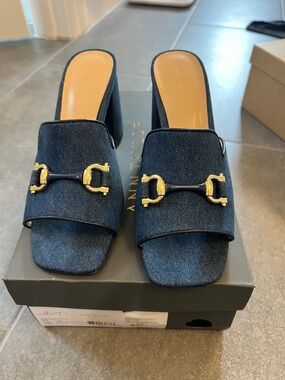 Ann Taylor Dark Denim Slide Mules with Gold Hardware